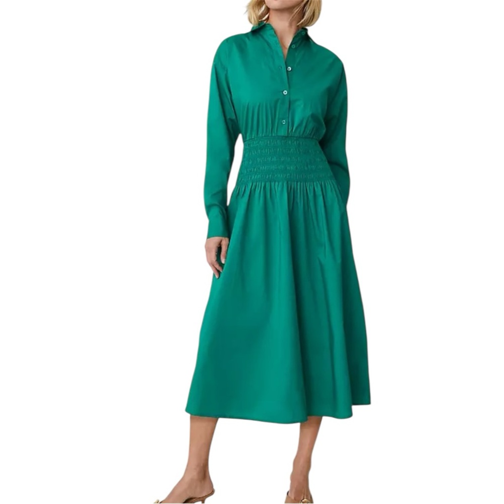 Ann Taylor Flare Midi Shirt Dress Size 6 Cotton Smocked Long Sleeve Kelly Green